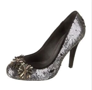 Tory Burch Sequin Embellished Pump Heels Silver Gold Metallic Evening Glam 7.5